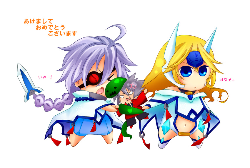 &gt;_&lt; 2girls ahoge akeome blazblue blonde_hair bodysuit chibi closed_eyes eyepatch hair_weapon happy_new_year highres hotaru_keito mu-12 multiple_girls new_year nu-13 ragna_the_bloodedge silver_hair snake