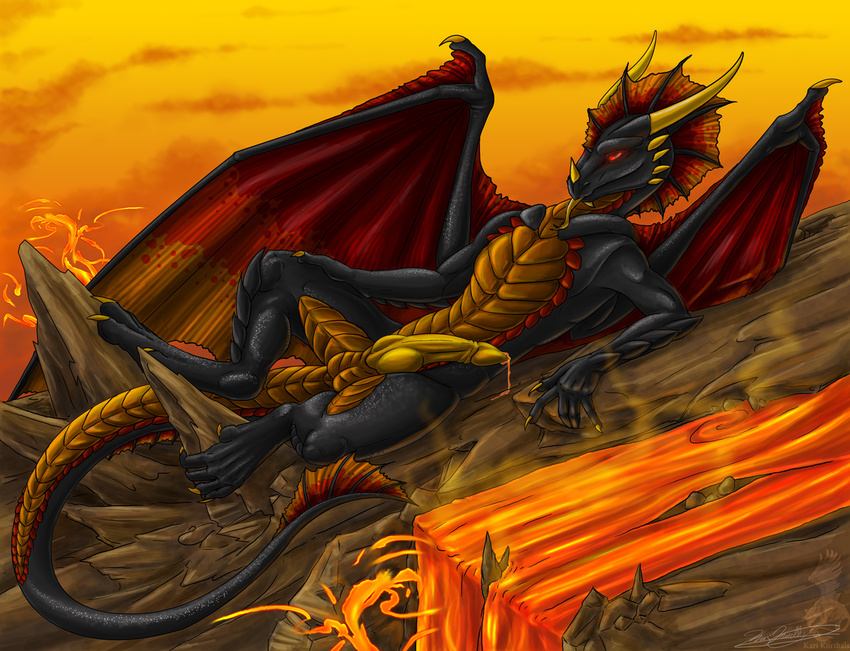 anthro balls cum darylith dragon dripping erection firondraak_(copyright) forked_tongue glowing_eyes horn invalid_tag knot lava lava_cum male orange_cum penis pose red_eyes scales scalie toes tongue volcano warm_colors western_dragon wings yamigriffin