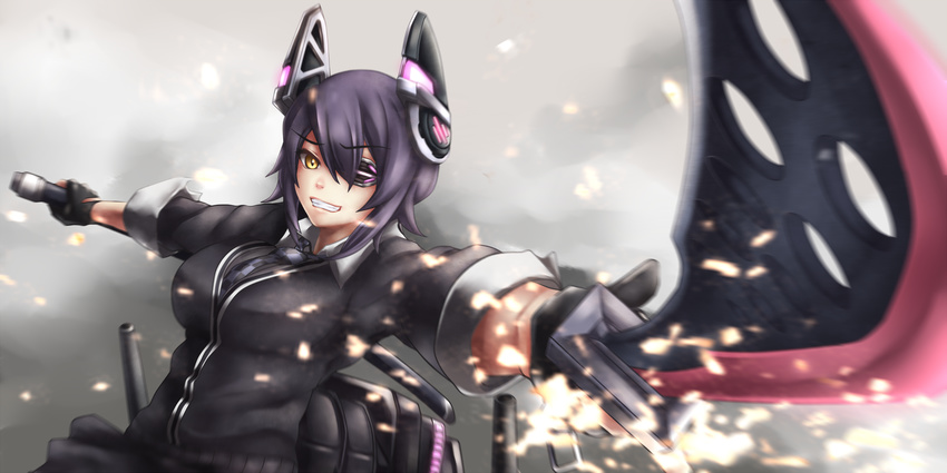 bad_id bad_pixiv_id black_hair blazer breasts eyepatch fingerless_gloves gloves headgear highres jacket kantai_collection large_breasts mecha_musume necktie scabbard sheath short_hair sleeves_rolled_up solo sparks sword tdnd-96 tenryuu_(kantai_collection) weapon yellow_eyes