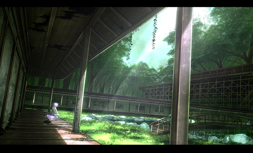 building dress forest grass long_hair original purple_hair ryosios scenic shade sky tree water weapon