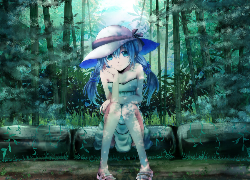 blue_hair chin_rest dress hat hatsune_miku long_hair looking_at_viewer mariwai_(marireroy) sandals sitting smile solo sun_hat twintails vocaloid