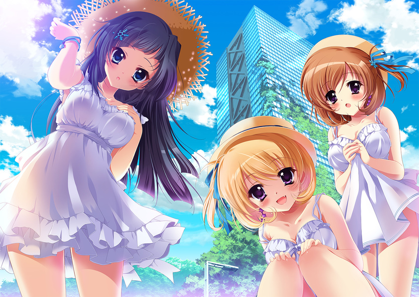 :d bangs bare_arms black_hair blonde_hair blue_eyes blue_ribbon blush breast_suppress breasts brown_hair building cleavage cloud collarbone day dress eyebrows_visible_through_hair fang from_below hair_ornament hair_ribbon hands_on_own_knees hat ichi_rin jewelry lamppost leaning_to_the_side long_hair looking_at_viewer md5_mismatch medium_breasts multiple_girls open_mouth original outdoors overgrown parted_lips purple_eyes ribbon short_hair side_ponytail single_earring skirt_hold sky sleeveless sleeveless_dress smile snowflake_hair_ornament spaghetti_strap squatting standing star straw_hat sundress tree white_dress