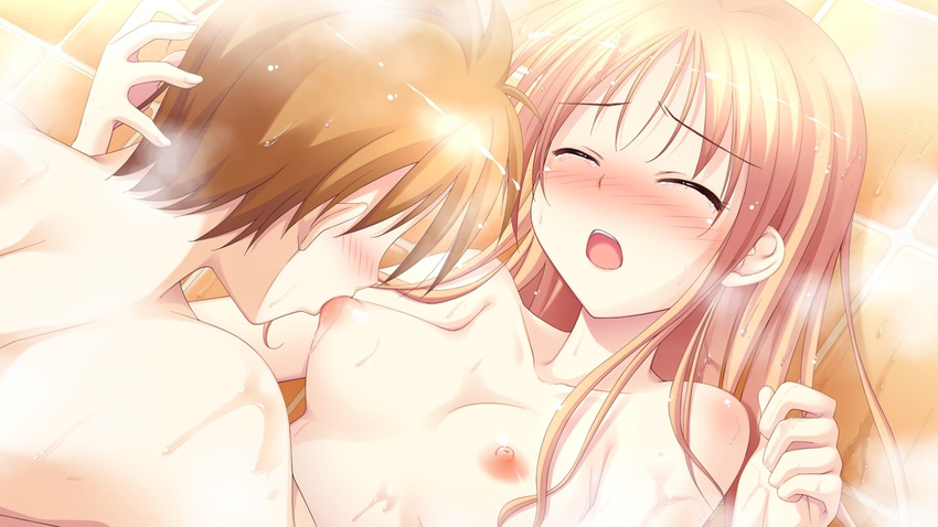 16:9 1boy 1girl arima_yousuke blonde_hair blush breast_sucking breasts brown_hair collarbone eyes_closed game_cg hatano_ririko ko~cha long_hair nipples nude short_hair wet witch's_garden witch's_garden