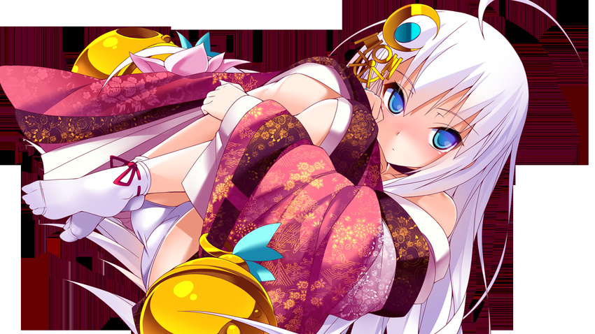 ahoge blue_eyes crescent crescent_hair_ornament hair_ornament long_hair panties potion_(moudamepo) sengoku_hime socks solo underwear white_hair white_legwear white_panties