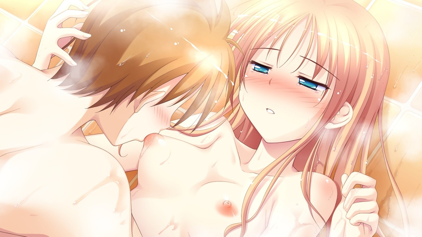 16:9 1boy 1girl arima_yousuke blonde_hair blue_eyes blush breast_sucking breasts brown_hair collarbone game_cg hatano_ririko ko~cha long_hair nipples nude short_hair wet witch's_garden witch's_garden