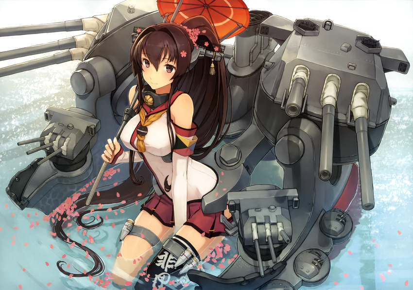 absurdres black_legwear breasts brown_eyes brown_hair cannon cherry_blossoms detached_sleeves flower hair_flower hair_intakes hair_ornament highres kantai_collection large_breasts light_smile long_hair miniskirt newtype official_art oriental_umbrella partially_submerged petals pleated_skirt ponytail sailor_collar scan seiza shizuma_yoshinori single_thighhigh sitting skirt solo thigh_strap thighhighs turret umbrella very_long_hair water yamato_(kantai_collection)