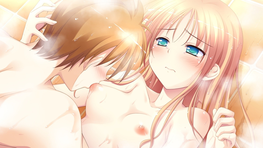 16:9 1boy 1girl arima_yousuke blonde_hair blue_eyes blush breast_sucking breasts brown_hair collarbone game_cg hatano_ririko ko~cha long_hair nipples nude short_hair wet witch's_garden witch's_garden