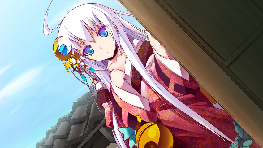 ahoge blue_eyes crescent crescent_hair_ornament game_cg hair_ornament long_hair potion_(moudamepo) sengoku_hime solo white_hair