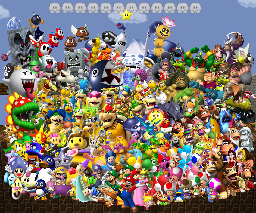 absolutely_everyone baby_daisy baby_peach bird birdo blooper boo bowser bullet_bill donkey_kong everyone ghost goomba hammer_bro highres kamek king_bob-omb koopa_troopa lakitu lubba luigi mario morton_koopa_jr. mouser paper_mario pauline penguin pokey princess_daisy princess_peach princess_rosalina queen_bee rosalina_(mario) rosetta_(mario) shy_guy super_mario_64 super_mario_bros. super_mario_bros._2 super_mario_galaxy super_mario_galaxy_2 super_mario_land thwomp toad toad_(mario) toadette waluigi wario wart whomp yoshi