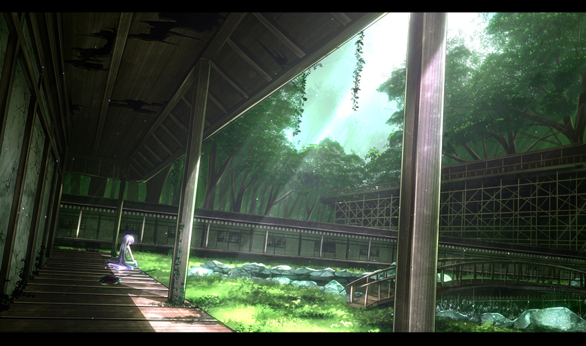 architecture axe battle_axe blue_sky bridge day dress east_asian_architecture forest haru_(ryosios) letterboxed long_hair nature original overgrown pond post-apocalypse ruins ryosios scenery silver_hair sitting sky solo sunlight veranda very_long_hair weapon white_dress