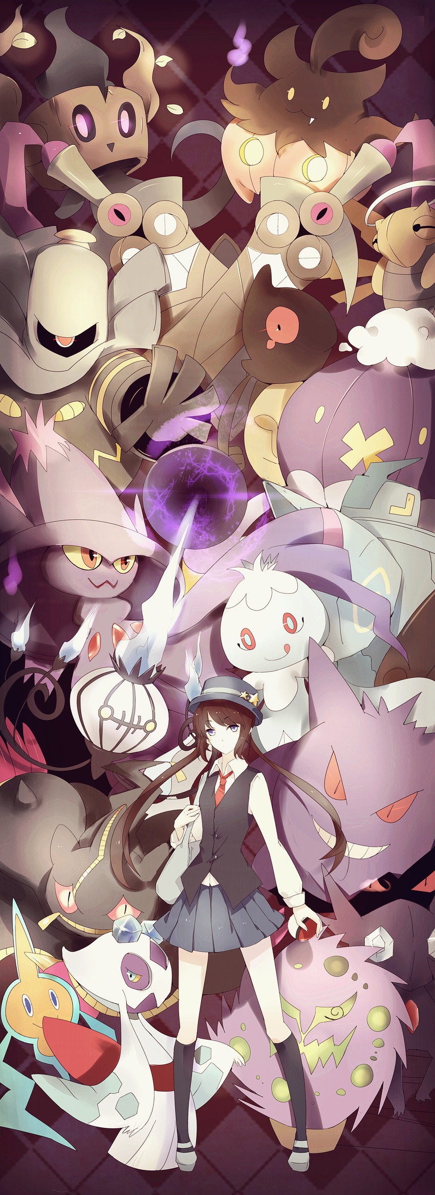 absurdres alternate_costume bag banette benghuai_7 brown_hair chandelure doublade drifblim dusknoir frillish froslass gen_1_pokemon gen_3_pokemon gen_4_pokemon gen_5_pokemon gen_6_pokemon gengar hat highres long_hair mismagius necktie phantump poke_ball pokemon pokemon_(creature) pokemon_(game) pokemon_xy pumpkaboo purple_eyes rotom serena_(pokemon) shedinja skirt spiritomb vest yamask