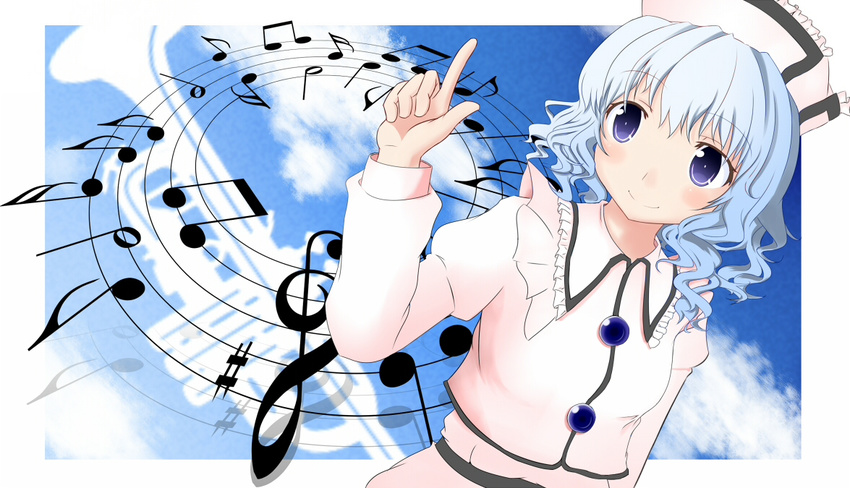 bad_id bad_pixiv_id blue_hair cloud dress frills hat instrument juliet_sleeves long_sleeves merlin_prismriver motsuchi_(mono440) musical_note pink_dress pointing pointing_up puffy_sleeves purple_eyes sky smile solo touhou trumpet
