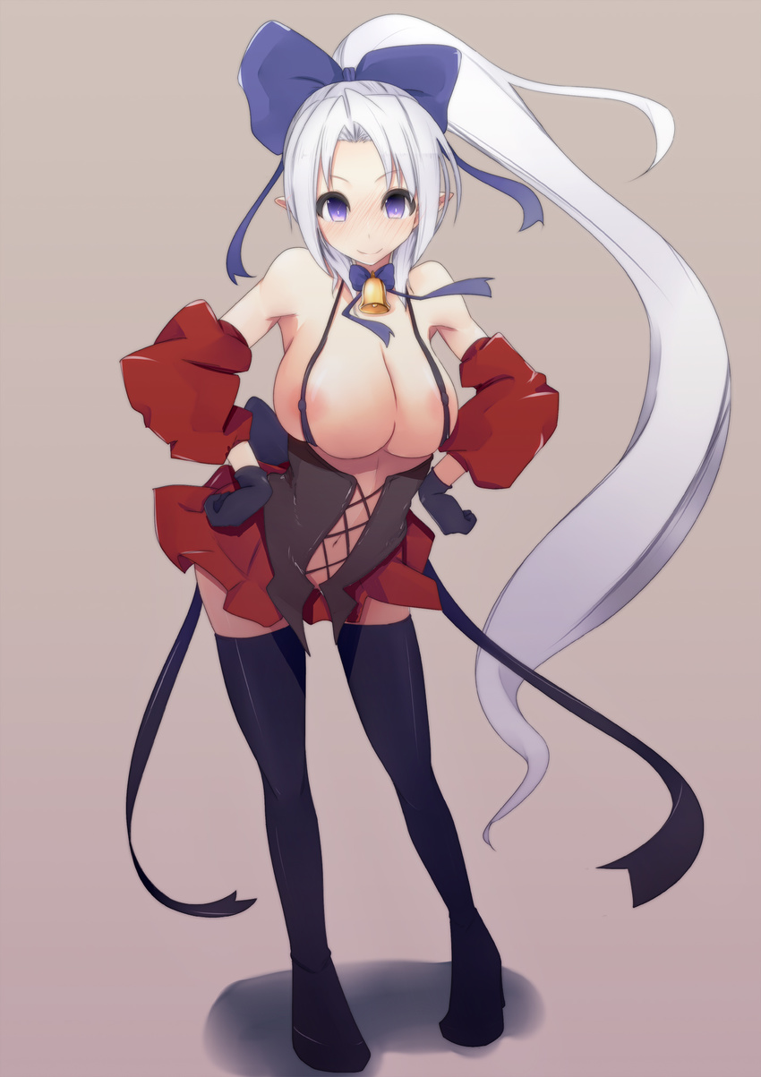 areolae bare_shoulders bell bell_collar black_gloves black_legwear blush boots bow breasts collar corset detached_sleeves gloves hair_bow hands_on_hips highres huge_breasts long_hair long_ponytail navel original pointy_ears pon_(shind_997) ponytail purple_eyes silver_hair simple_background skirt smile solo thigh_boots thighhighs very_long_hair