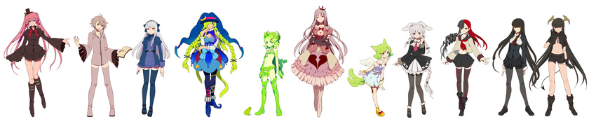 absurdres animal_ears bad_id bad_pixiv_id banned_artist black_hair blue_hair bow braid breasts bunny_ears crossed_arms demon_tail dress elbow_gloves frog gloves green_eyes green_hair harano hat heart highres horns leaning_forward long_hair long_image looking_at_viewer medium_breasts mini_hat mini_top_hat multicolored_hair multiple_girls pantyhose pink_hair red_eyes red_hair school_uniform serafuku short_hair simple_background skirt small_breasts smile tail thighhighs top_hat twintails two-tone_hair very_long_hair white_background wide_image wings