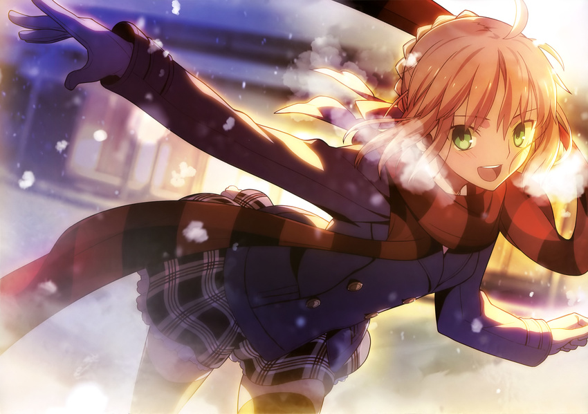 :d absurdres ahoge artoria_pendragon_(all) bent_over black_legwear blonde_hair braid breath coat contemporary fate_(series) french_braid gloves green_eyes highres newtype official_art open_mouth plaid plaid_skirt red_scarf saber scan scarf skirt smile solo striped striped_scarf takeuchi_takashi thighhighs zettai_ryouiki