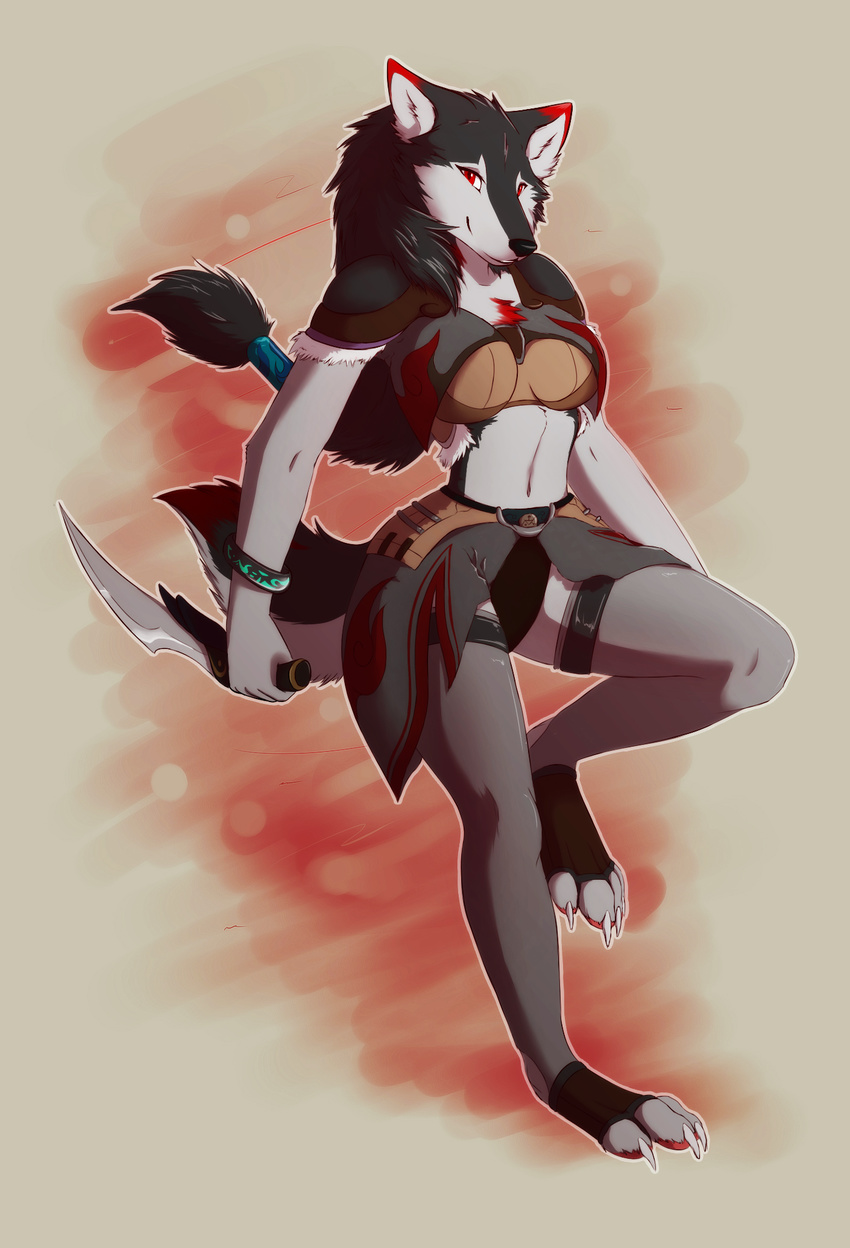 black_nose bracelet breasts canine claws clothing female fur jewelry legwear looking_at_viewer mammal red_eyes red_fur silver-spirit666 smile solo toeless_socks weapon white_fur yayen_silverspirit