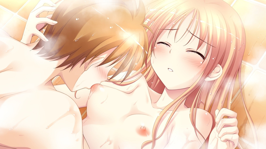 16:9 1boy 1girl arima_yousuke blonde_hair blush breast_sucking breasts brown_hair collarbone eyes_closed game_cg hatano_ririko ko~cha long_hair nipples nude short_hair wet witch's_garden witch's_garden