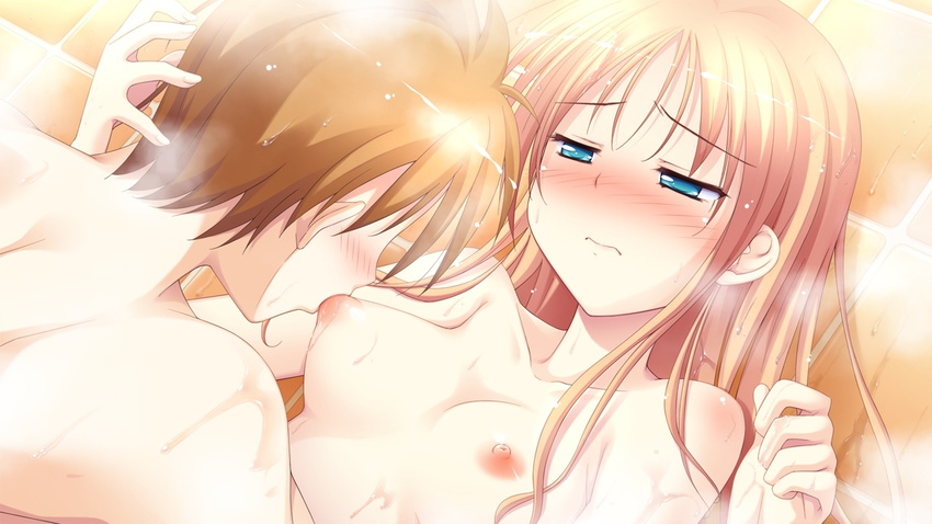 16:9 1boy 1girl arima_yousuke blonde_hair blue_eyes blush breast_sucking breasts brown_hair collarbone game_cg hatano_ririko ko~cha long_hair nipples nude short_hair wet witch's_garden witch's_garden