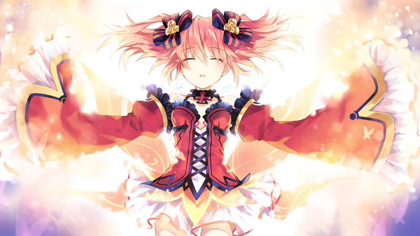 alyn_(fairy_fencer_f) bug butterfly closed_eyes collar cross detached_sleeves dress fairy_fencer_f frills game_cg glowing hair_ornament insect light_particles official_art open_mouth orange_hair sleeves_past_wrists solo tsunako twintails wide_sleeves