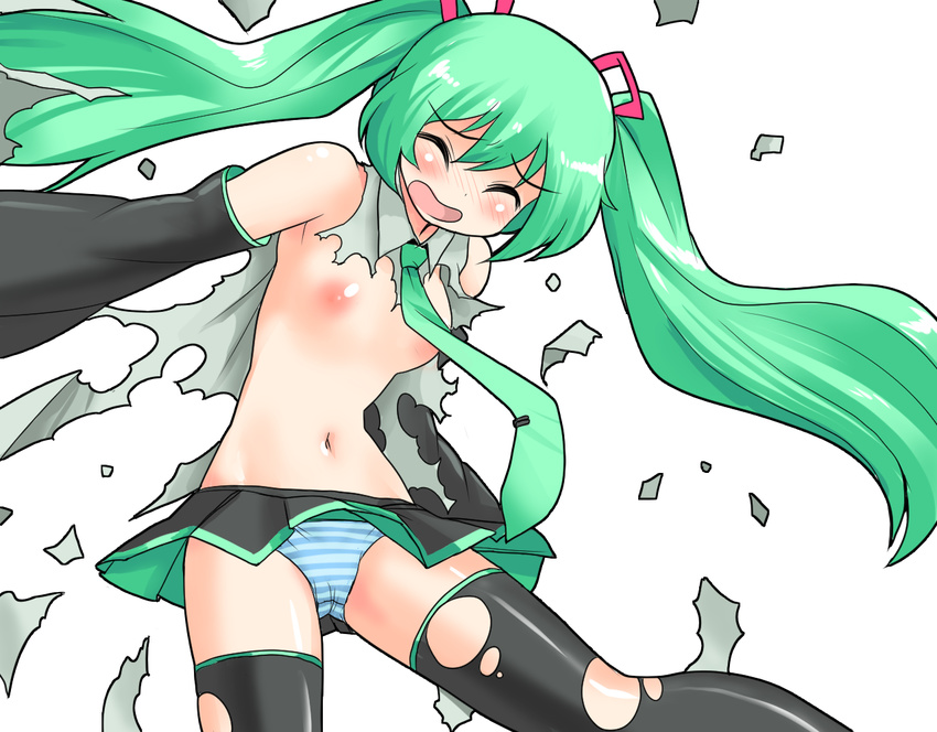 blush breasts detached_sleeves exploding_clothes green_hair hatsune_miku long_hair mono_(moiky) navel necktie nipples open_mouth panties small_breasts solo striped striped_panties thighhighs torn_clothes torn_legwear transparent_background twintails underwear vocaloid