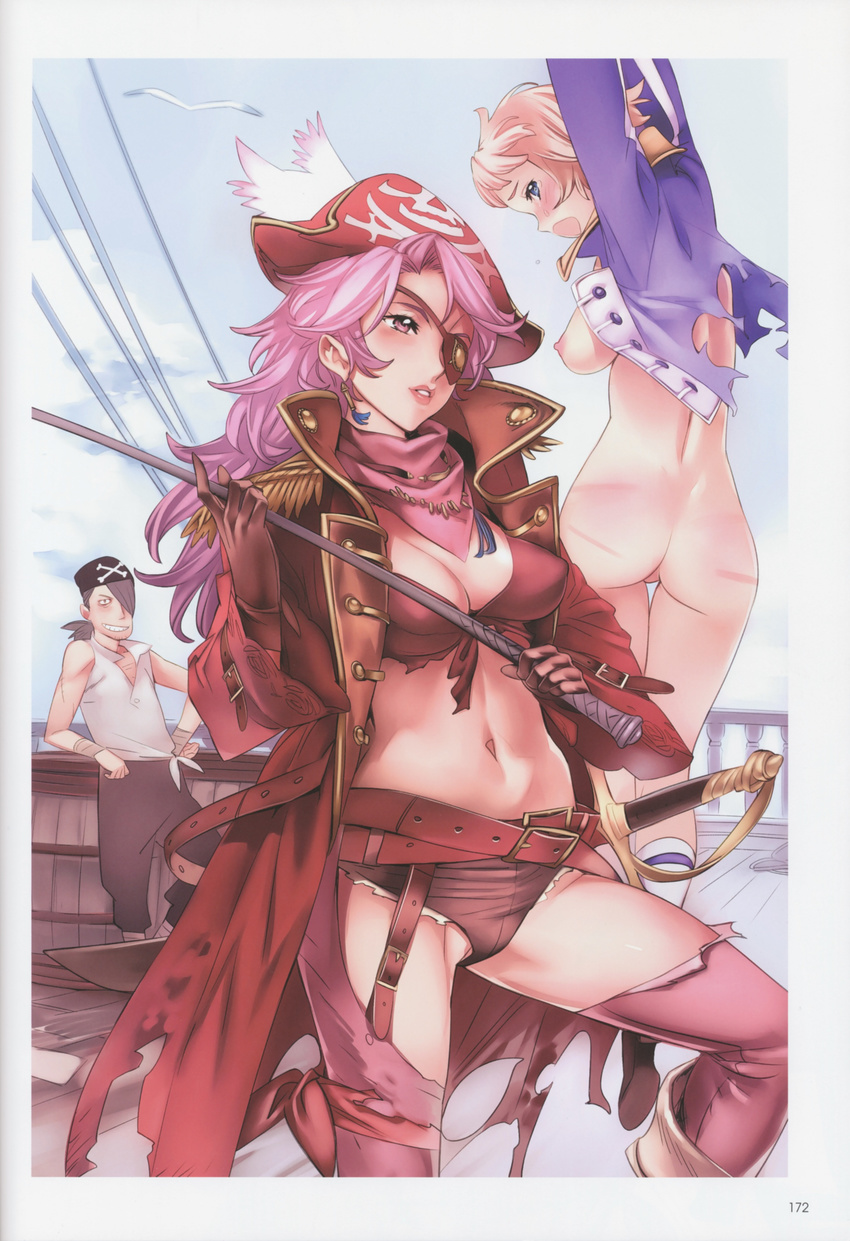 absurdres blonde_hair blue_eyes blush breasts cutoffs eyepatch front-tie_top gloves hat highres large_breasts lips long_hair medium_breasts midriff multiple_girls navel nipples nishieda parted_lips pirate pirate_hat purple_eyes purple_hair short_shorts shorts sword thigh_gap torn_clothes weapon welts