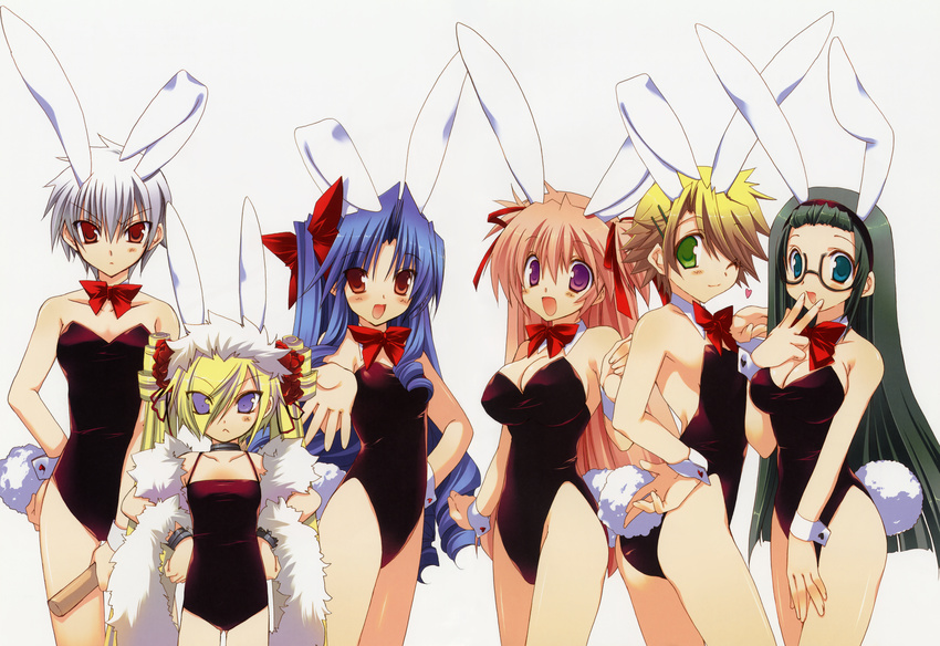 6+girls absurdres animal_ears ayakawa_hinako blush bunny_ears bunny_girl bunnysuit character_request fixed glasses goshuushou-sama_ninomiya-kun highres houjou_reika kirishima_shinobu multiple_girls okushiro_irori smile tail takanae_kyourin tsukimura_mayu wink