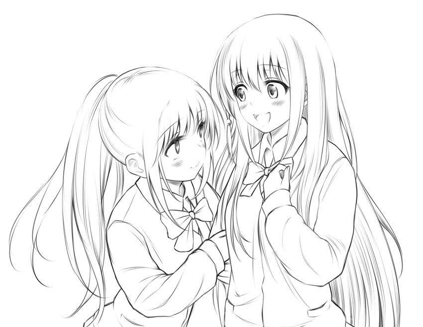 achiga_school_uniform arm_hug bad_id bad_pixiv_id blush cardigan eye_contact greyscale highres lineart long_hair looking_at_another matsumi_kuro monochrome multiple_girls open_mouth saki saki_achiga-hen school_uniform smile suzushiro_yukari takakamo_shizuno