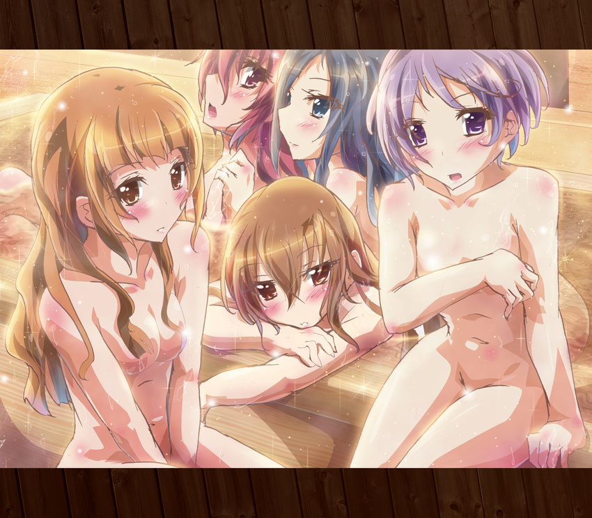 aida_mana bathtub blue_eyes blue_hair blush breasts brown_eyes brown_hair convenient_head covering covering_breasts dokidoki!_precure hair_censor hair_down hair_over_breasts highres hishikawa_rikka inoshishi_(ikatomo) kenzaki_makoto letterboxed long_hair madoka_aguri medium_breasts multiple_girls nude pink_eyes pink_hair precure purple_eyes purple_hair red_eyes shared_bathing short_hair small_breasts yotsuba_alice