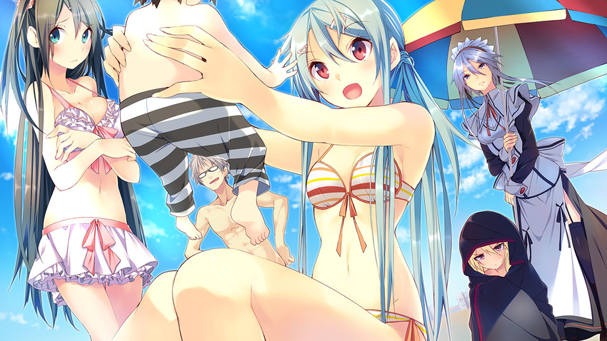 4girls aka-san aka-san_to_kyuuketsuki alexandra_ann-christine_axelina baby bikini black_hair blonde_hair blue_eyes blue_hair cloud covering covering_breasts day front-tie_top game_cg glasses hiding holding ingot kobayashi_kamui kuwashima_rein maid_headdress multiple_girls navel open_mouth outdoors red_eyes rokukakuin_konoha shugetsu_ikushima side-tie_bikini silver_hair sky striped striped_bikini striped_swimsuit swimsuit white_bikini white_swimsuit