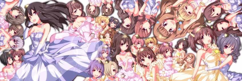 abe_nana adjusting_hair akagi_miria anastasia_(idolmaster) bare_shoulders blonde_hair blush bow breasts brown_eyes brown_hair crown dress drill_hair elbow_gloves futaba_anzu gloves green_eyes grey_hair hair_bow hair_ornament highres hino_akane_(idolmaster) honda_mio hoshi_shouko houjou_karen ichihara_nina idolmaster idolmaster_cinderella_girls jougasaki_mika jougasaki_rika kamiya_nao kanzaki_ranko kawashima_mizuki kohinata_miho koshimizu_sachiko long_hair looking_at_viewer maekawa_miku medium_breasts mimura_kanako miyamoto_frederica moroboshi_kirari multiple_girls natsu_(anta_tte_hitoha) nitta_minami ogata_chieri open_mouth pink_hair red_eyes sakuma_mayu sakurai_momoka shibuya_rin shimamura_uzuki shirasaka_koume short_hair silver_hair smile tada_riina takagaki_kaede takamori_aiko tiara totoki_airi twin_drills twintails two_side_up v yellow_eyes