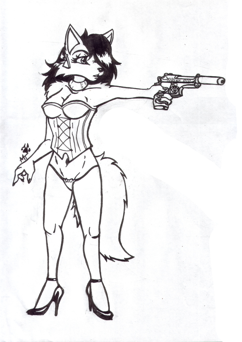 beretta canine corset ear_piercing female fox gun hi_res high_heels ink invalid_tag line lingerie mammal michaelfox1986 necklace panties piercing pistol ranged_weapon ring silencer stilettos suppressor underwear weapon