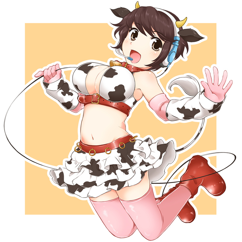 animal_ears animal_print bell bell_collar blush boots breasts brown_eyes brown_hair cleavage collar cow_bell cow_ears cow_horns cow_print elbow_gloves full_body gloves headset horns idolmaster idolmaster_cinderella_girls large_breasts navel oikawa_shizuku open_mouth pink_legwear short_hair simple_background skirt smile solo thighhighs