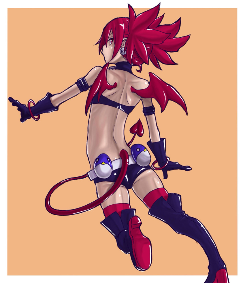 boots commentary_request demon_girl demon_wings disgaea disgaea_d2 earrings etna from_behind gloves highres jewelry looking_back osome_tei red_hair short_shorts shorts tail thigh_boots thighhighs twintails wings