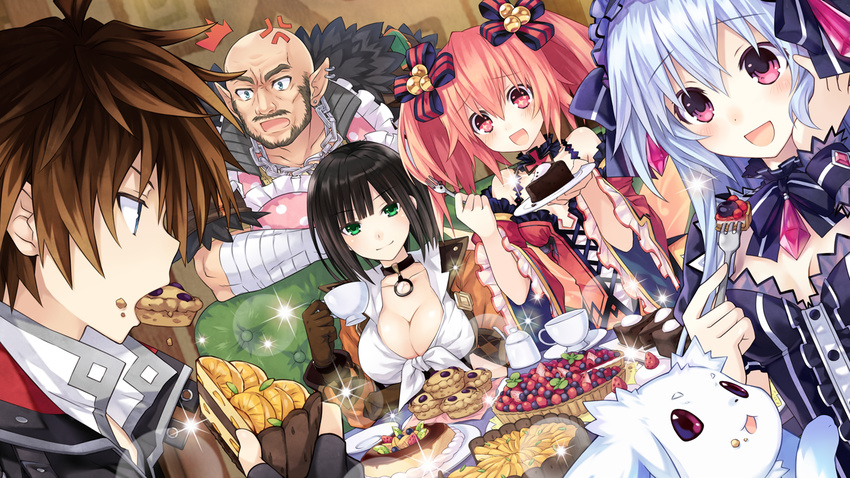 2boys 3girls :d alyn_(fairy_fencer_f) anger_vein animal apron arm_support bahas bald beard black_hair blue_hair blueberry blush breasts brown_gloves brown_hair chain chain_necklace chair cleavage collar collarbone cross cui cup detached_collar dutch_angle earrings eating facial_hair fairy_fencer_f fang_(fairy_fencer_f) food food_awe food_on_face fork frilled_apron frilled_sleeves frills front-tie_top fruit fur_trim game_cg gloves green_eyes hair_ornament hand_on_own_cheek harler holding jewelry large_breasts long_hair looking_at_another looking_at_viewer melon multiple_boys multiple_girls mustache official_art open_mouth orange orange_hair orange_slice pie pink_eyes plate pointy_ears polka_dot polka_dot_apron profile red_eyes saucer short_hair smile sparkle sparkling_eyes strawberry tart_(food) teacup tiara_(fairy_fencer_f) tsunako twintails wide_sleeves