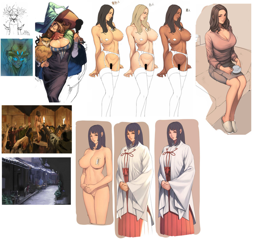 black_hair blonde_hair breasts brown_hair chihaya_(clothing) cleavage dark_skin garter_belt glasses grand_knights_history hat highres japanese_clothes kaname_madoka large_breasts long_hair maebari mahou_shoujo_madoka_magica mature miko multiple_girls muse_cromwell nude oda_non owl pasties skirt vibrator witch_hat