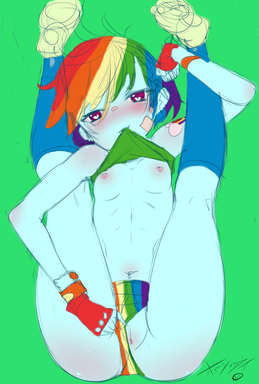 blue_skin born-to-die breasts child female fingerless_gloves friendship_is_magic gloves hair human humanized looking_at_viewer lying mammal multi-colored_hair my_little_pony nipples not_furry on_back partially_clothed piercing plain_background pussy rainbow_dash_(mlp) rainbow_hair sketch small_breasts solo underwear young