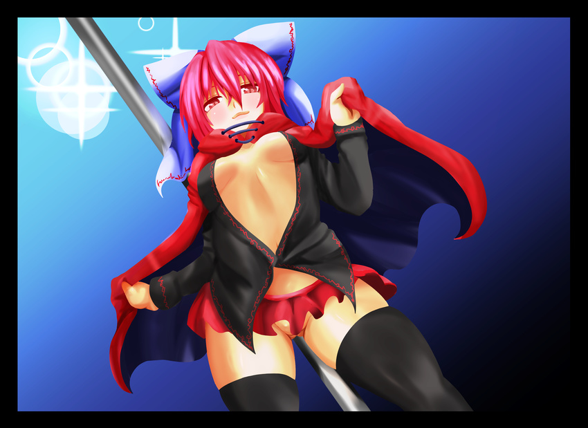 absurdres black_legwear bow cape from_below hair_bow highres kurobane no_bra no_panties open_clothes pole red_eyes red_hair sekibanki solo stripper stripper_pole thighhighs touhou