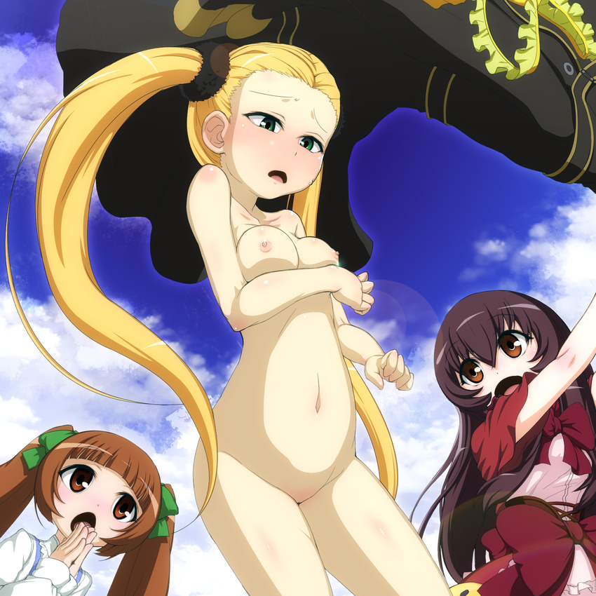 aoki_hagane_no_arpeggio assisted_exposure blonde_hair blush bow breast_hold breasts brown_eyes brown_hair cloud coat coat_removed day embarrassed green_eyes hair_bow hands_together haruna_(aoki_hagane_no_arpeggio) highres lens_flare long_hair maya_(aoki_hagane_no_arpeggio) medium_breasts multiple_girls navel nipples nude open_mouth osakabe_makie overcoat personification ribbon scrunchie sky sweat takeda_yukimura twintails very_long_hair