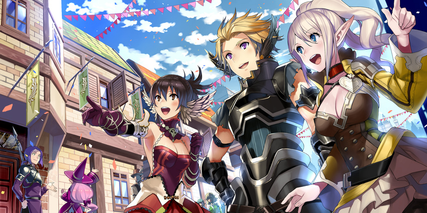 3girls armor armpits black_hair blonde_hair blue_eyes blue_hair bow breasts cleavage cloud day fantasy_earth_zero gloves hair_bow hand_on_hip hat highres index_finger_raised long_hair matsui_hiroaki medium_breasts multiple_boys multiple_girls open_mouth outdoors pink_hair pointy_ears ponytail purple_eyes red_bow road short_hair silver_hair sky street witch_hat