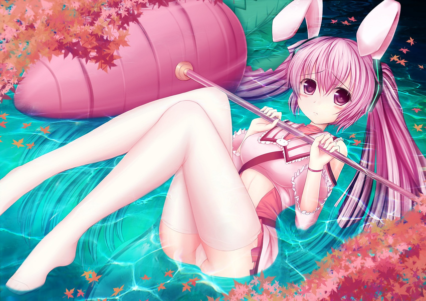 animal_ears bunny_ears carrot detached_sleeves hatsune_miku legs long_hair looking_at_viewer lying on_back panties partially_submerged pink_eyes pink_hair solo thighhighs twintails underwear very_long_hair vocaloid zheyi_parker