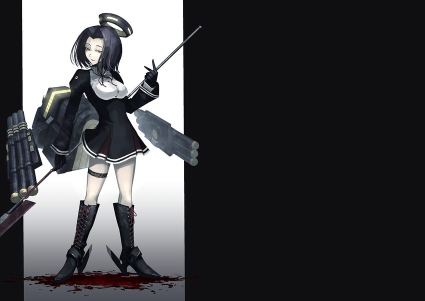 black_hair blood boots bow gloves halo hellshock kantai_collection red_eyes spear tatsuta_(kancolle) weapon
