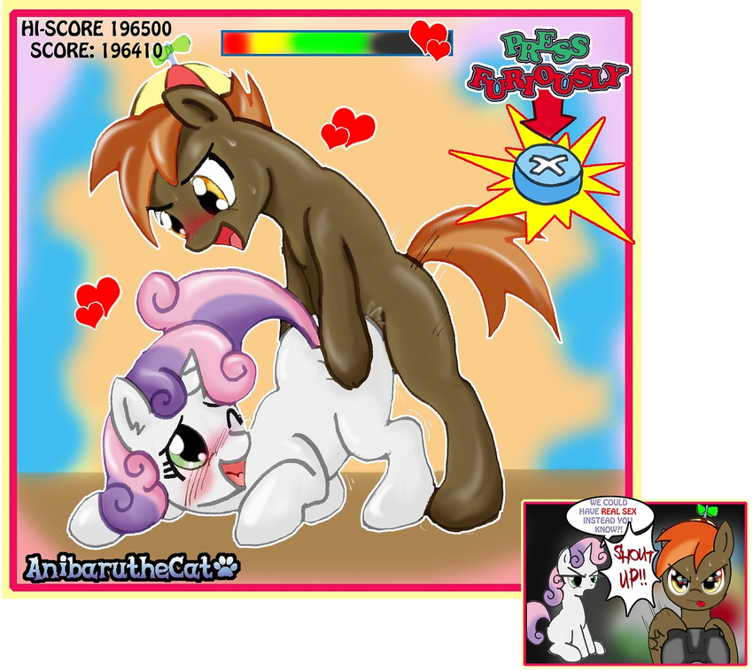 angry anibaruthecat bent_over blush brown_fur brown_hair button_mash_(mlp) cub duo english_text equine female feral friendship_is_magic fur green_eyes hair horn horse male mammal my_little_pony one_eye_closed pony propeller_hat sex straight sweetie_belle_(mlp) text two_tone_hair unicorn white_fur young