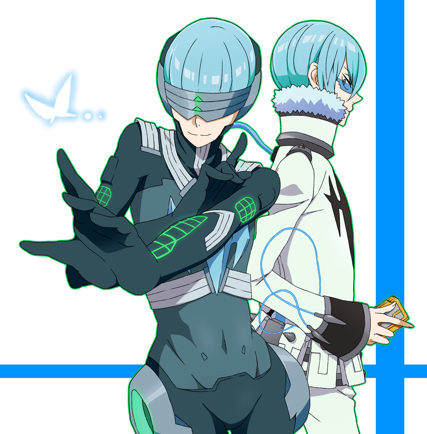 absurdres blue_hair bodysuit bug butterfly dual_persona glasses highres insect inumuta_houka kill_la_kill mimoza multiple_boys probe_regalia uniform