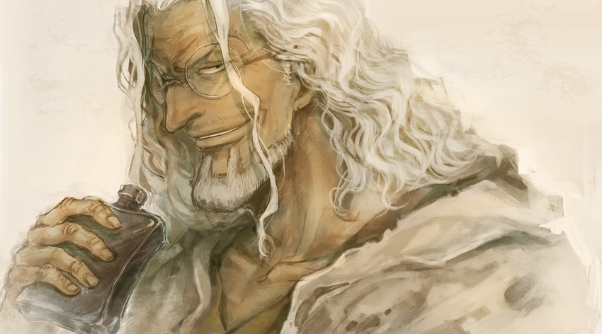 beard black_eyes drinking facial_hair geiyajin glasses grey_hair happy long_hair looking_at_viewer male_focus one_piece shirt silvers_rayleigh smile solo torn_clothes wrinkled_skin wrinkles