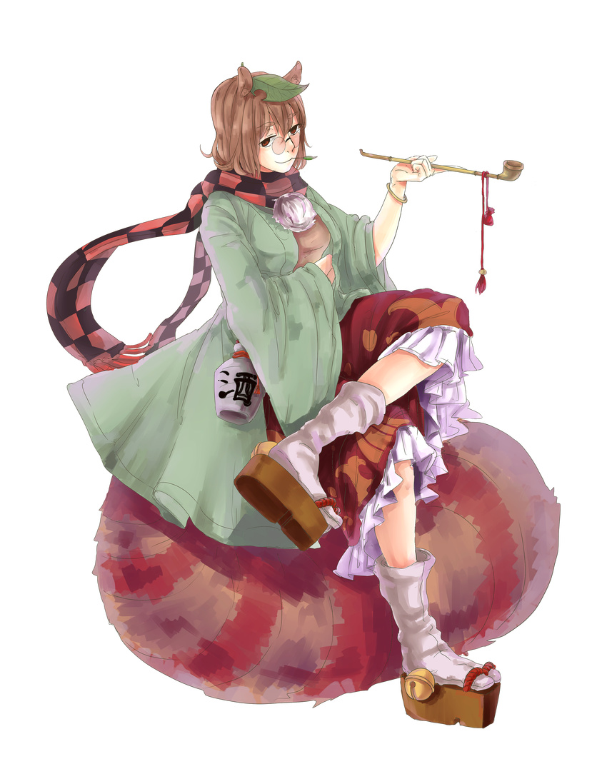 absurdres animal_ears bell brown_eyes brown_hair clog_sandals crossed_legs futatsuiwa_mamizou glasses haori highres japanese_clothes kiseru leaf leaf_on_head mouth_hold pince-nez pipe raccoon_ears raccoon_tail sandals scarf seastar sitting smile tabi tail touhou