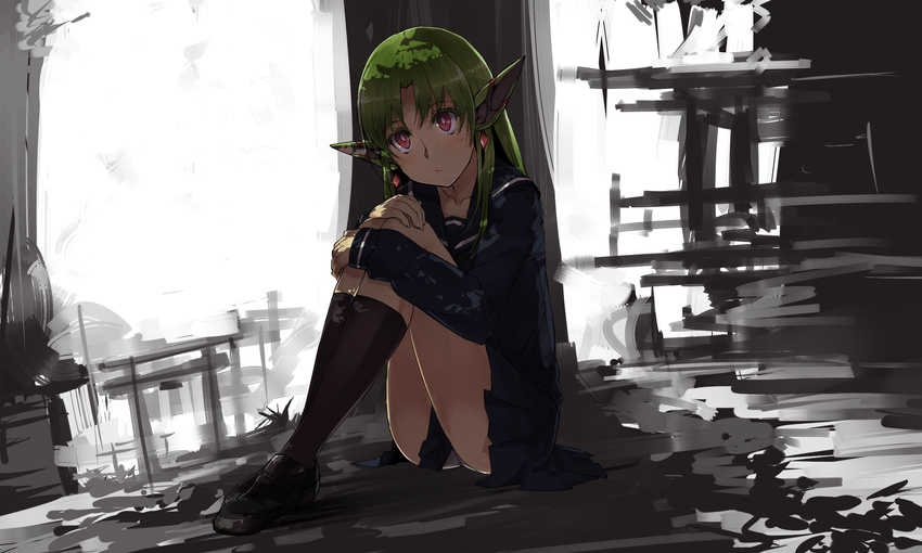 dutch_angle earrings green_hair highres jewelry kneehighs kusanagi_kaoru leg_hug loafers long_hair original panties pantyshot pantyshot_(sitting) pointy_ears red_eyes school_uniform shoes sitting skirt solo underwear