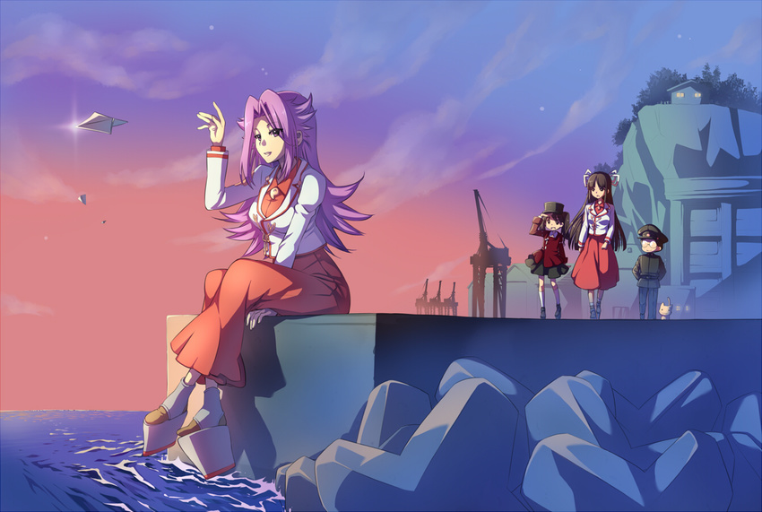 3girls admiral_(kantai_collection) bangs blunt_bangs brown_eyes brown_hair glasses hiyou_(kantai_collection) japanese_clothes jun'you_(kantai_collection) kantai_collection kawagoe_pochi long_hair multiple_girls paper_airplane pleated_skirt purple_eyes purple_hair ryuujou_(kantai_collection) sitting skirt twintails visor_cap