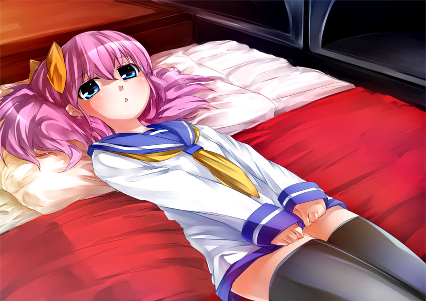 bed blue_eyes blush bow covering covering_crotch dress dress_tug hair_bow long_hair lying manaita_petako moegi_nenene on_back on_bed original pillow pink_hair sailor_dress sleeves_past_wrists solo thighhighs triangle_mouth zettai_ryouiki