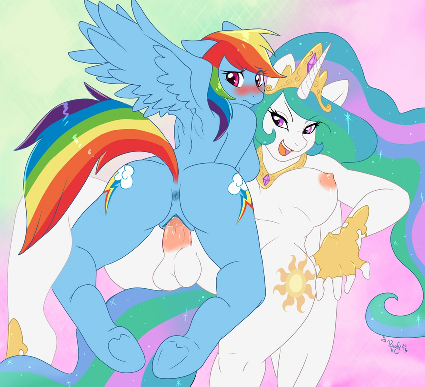 anthrofied anus balls blue_fur blush breasts cutie_mark dickgirl dickgirl_on_female equine female fingerless_gloves friendship_is_magic fur gloves hair hooves horn horse intersex mammal multi-colored_hair my_little_pony pegasus penetration phsuke pink_eyes pony princess_celestia_(mlp) pussy rainbow_dash_(mlp) vaginal vaginal_penetration white_fur winged_unicorn wings