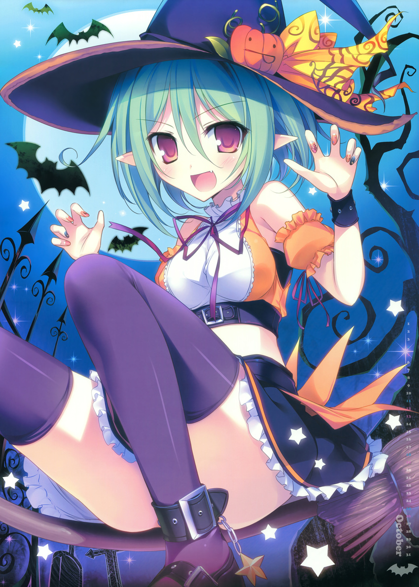 :d absurdres animal ankle_strap bare_tree bat blush breasts broom broom_riding buckle calendar_(medium) claw_pose elf fang flying full_moon green_hair halter_top halterneck hat highres karory leg_belt looking_at_viewer medium_breasts moon nail_polish open_mouth pointy_ears purple_eyes purple_legwear silhouette skirt smile thighhighs thighs tree witch_hat zettai_ryouiki
